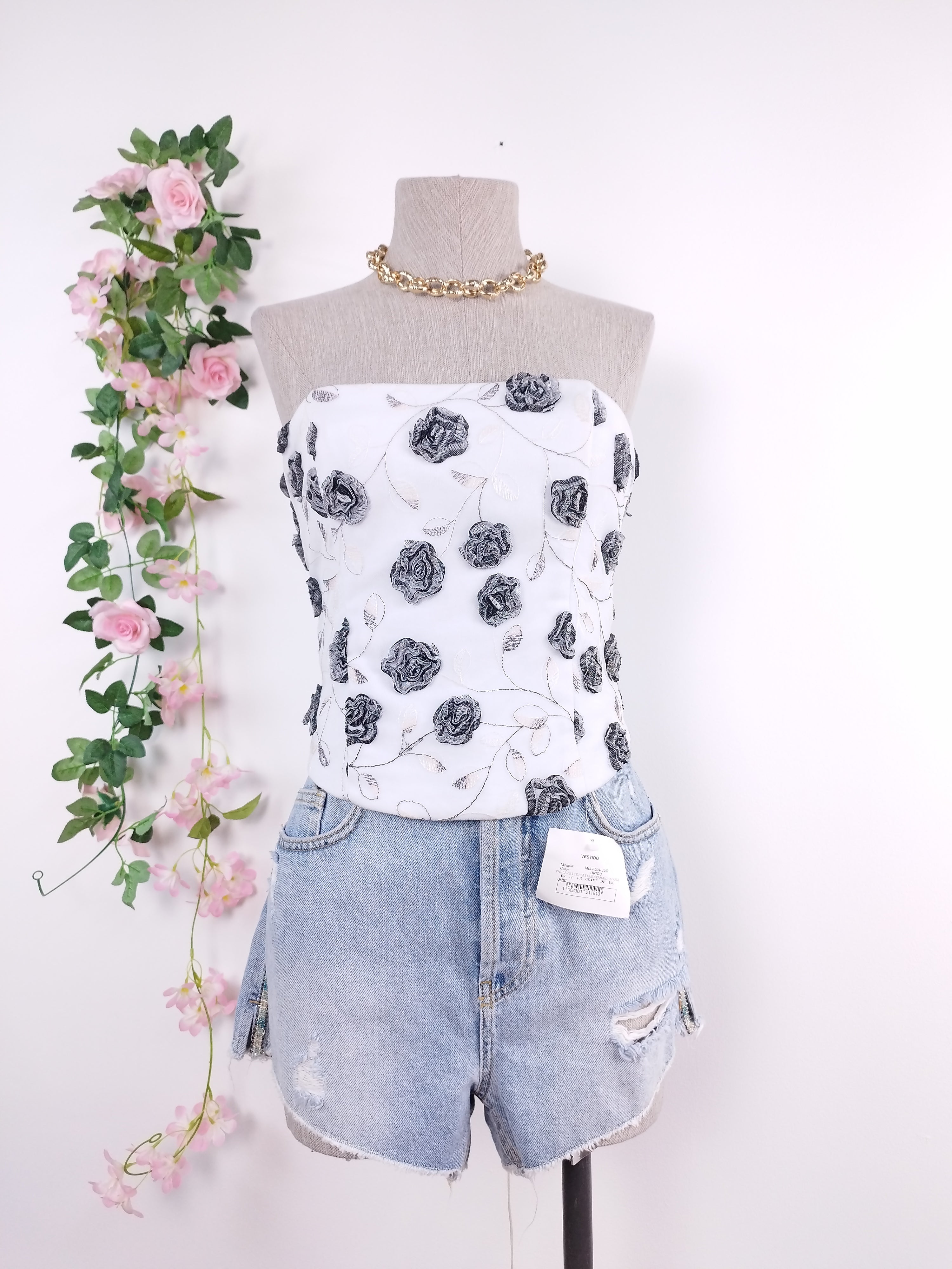 Vintage-Korsettoberteil aus den 2000ern – 3D-Rosenapplikationen, Schnürung am Rücken und Tüll-Satin-Kombination