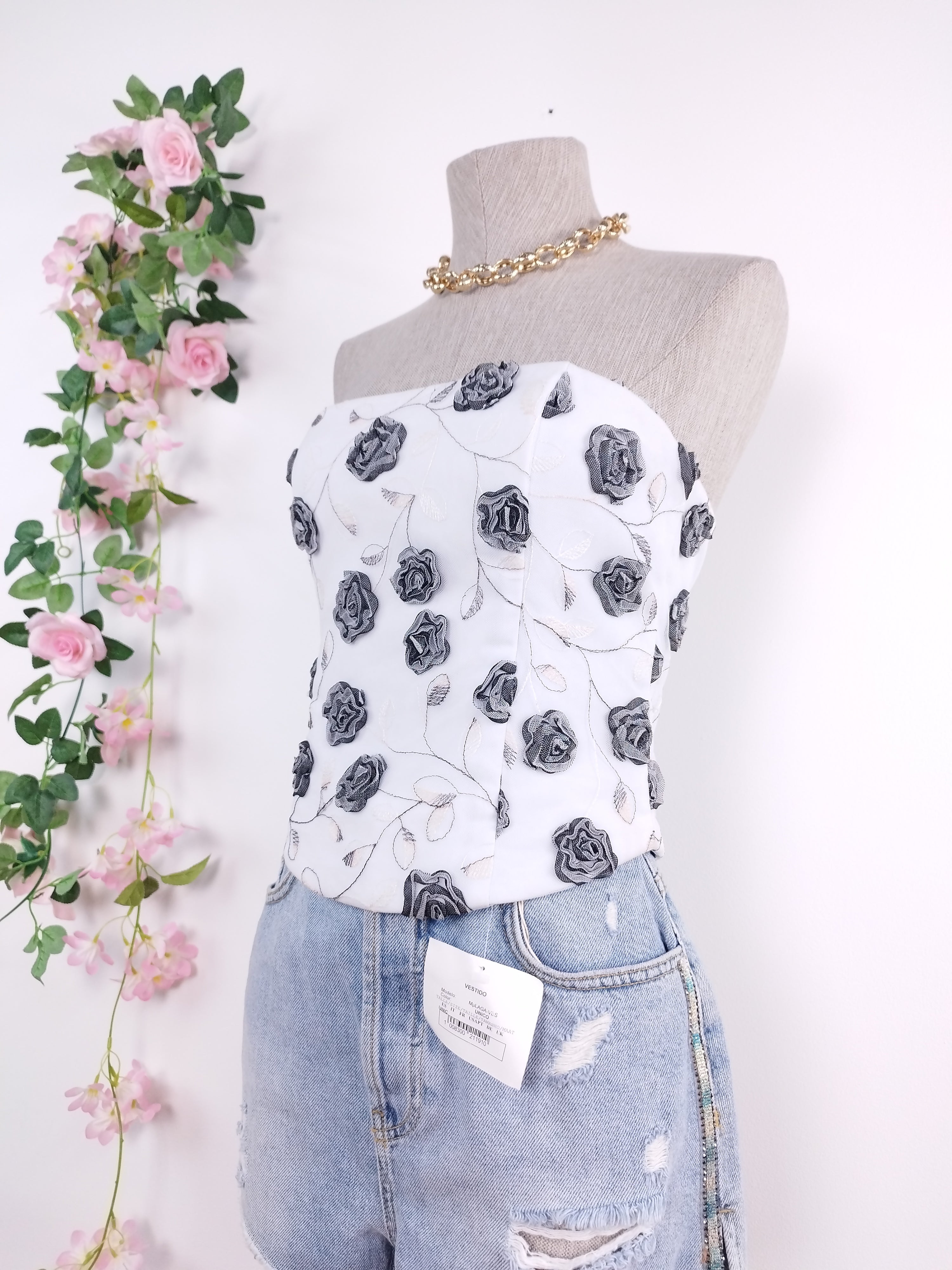 Vintage-Korsettoberteil aus den 2000ern – 3D-Rosenapplikationen, Schnürung am Rücken und Tüll-Satin-Kombination