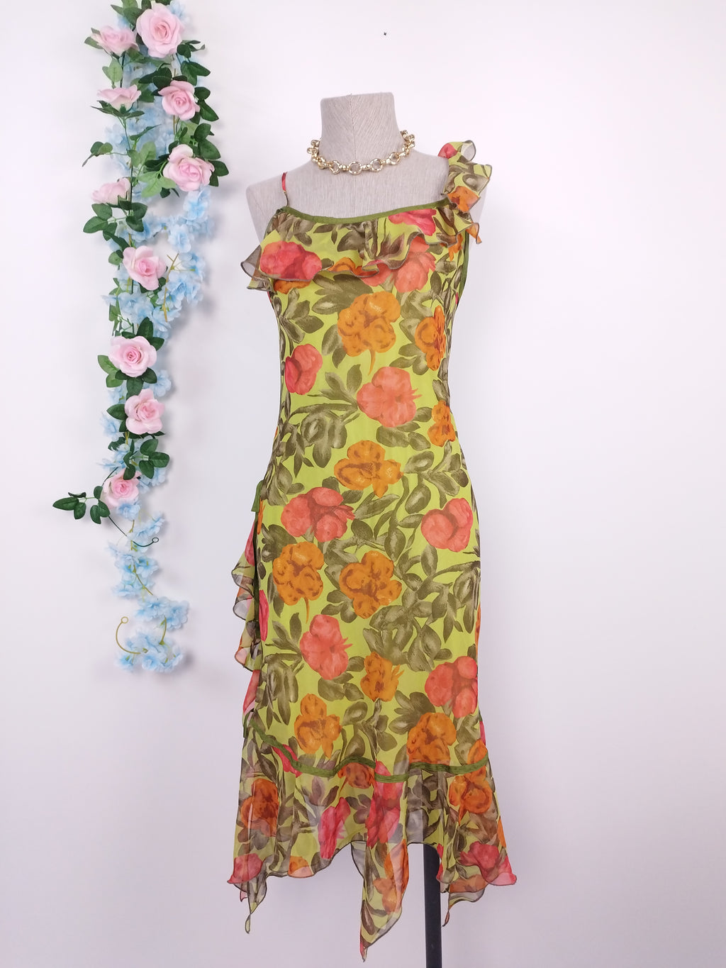 Vintage 2000s Y2K Midi Dress — Asymmetric Neck, Floral Print & Ruffled Hem