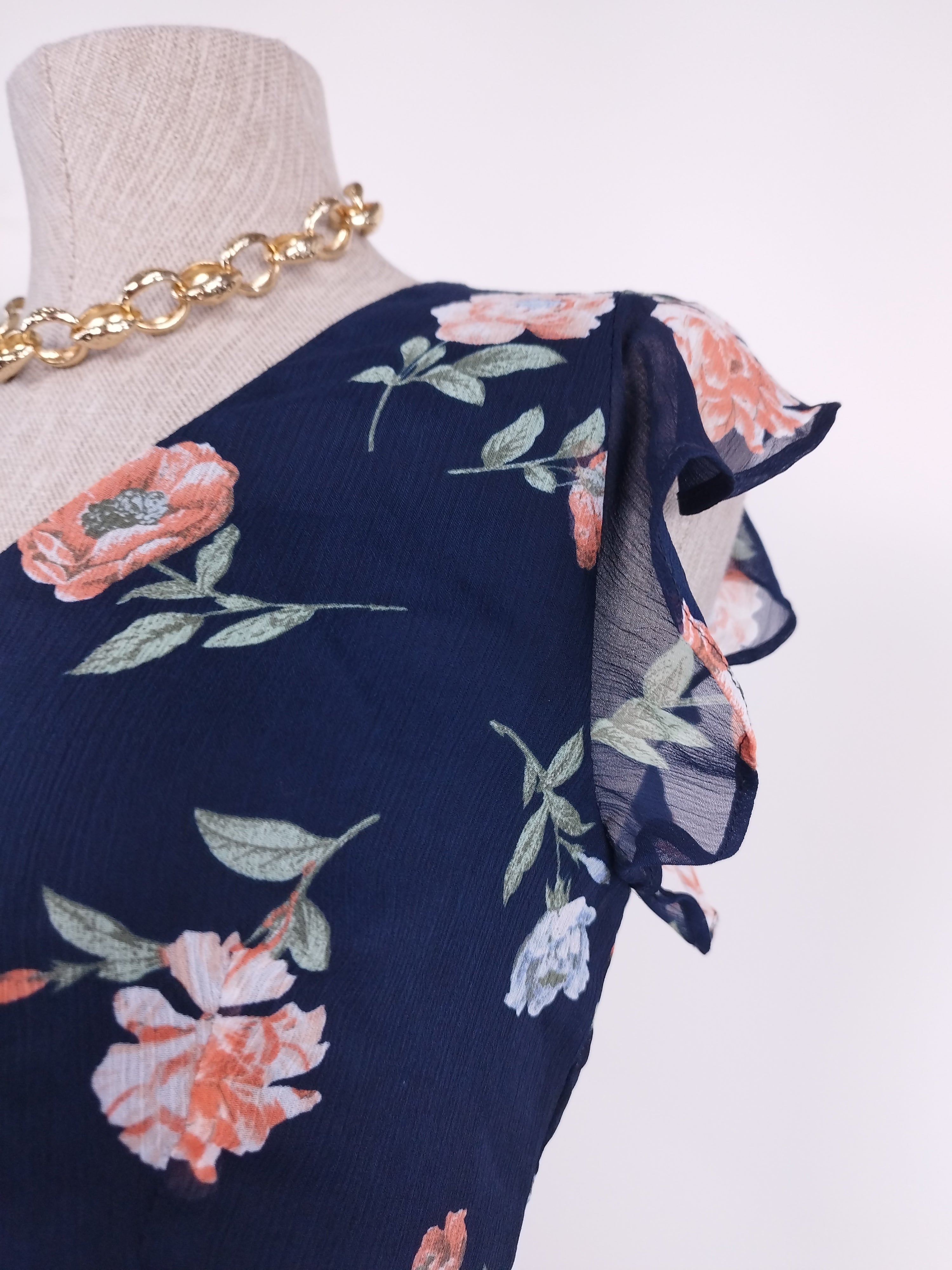 Vintage 90s Midi Dress — Ruffle Sleeves, V-Neck & Asymmetric Hem