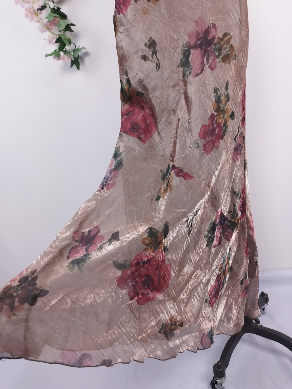 Vintage 90s Maxi Evening Dress — Slip Style, Iridescent Satin & Red Floral Print