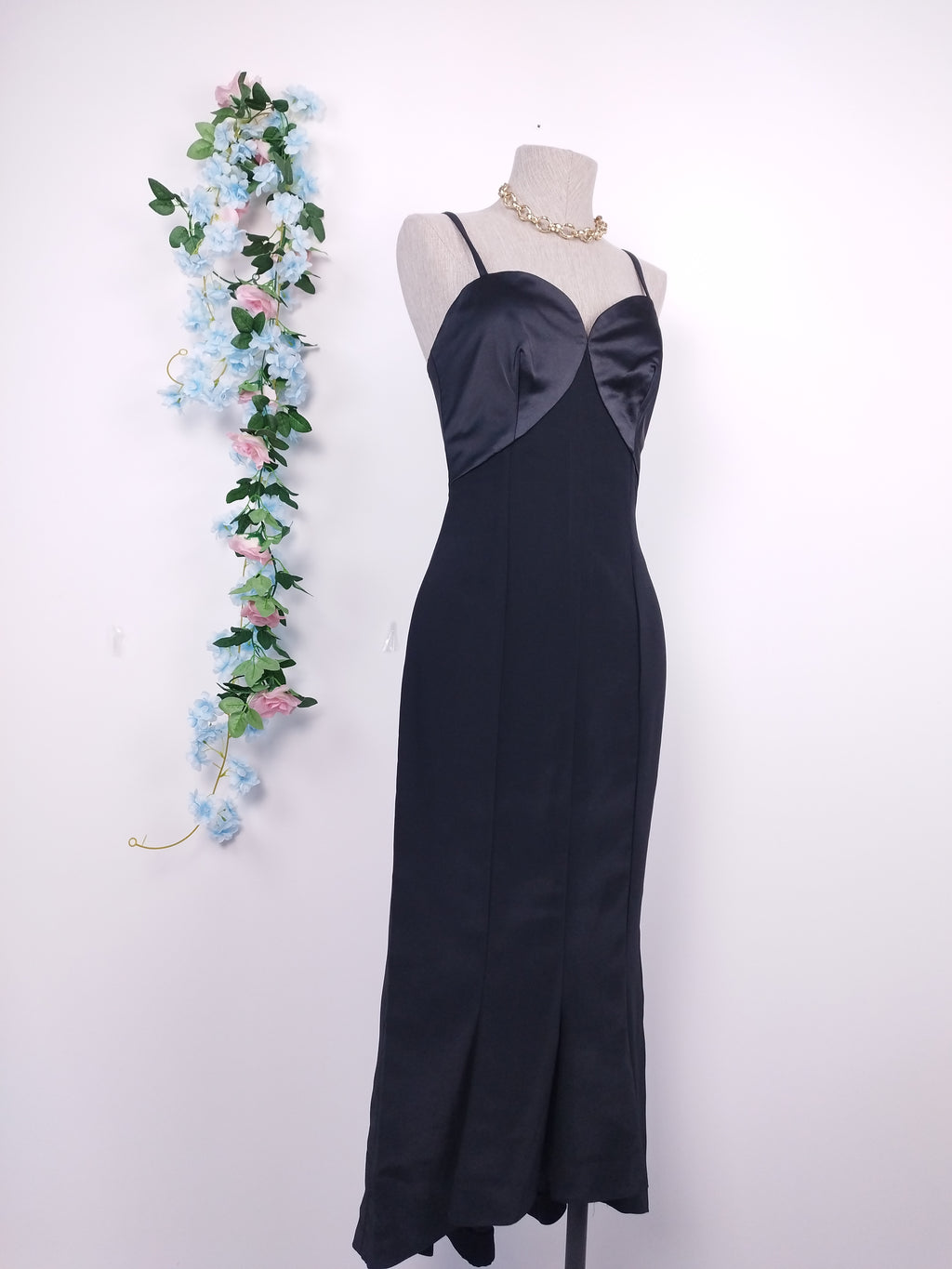 Vintage 90s Glam Maxi Dress — Slip Style, Satin Bust & Mermaid Hem