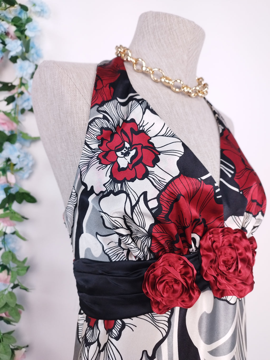 Vintage 2000s Y2K Maxi Dress — V-Neck, Rose Detail & Satin Print