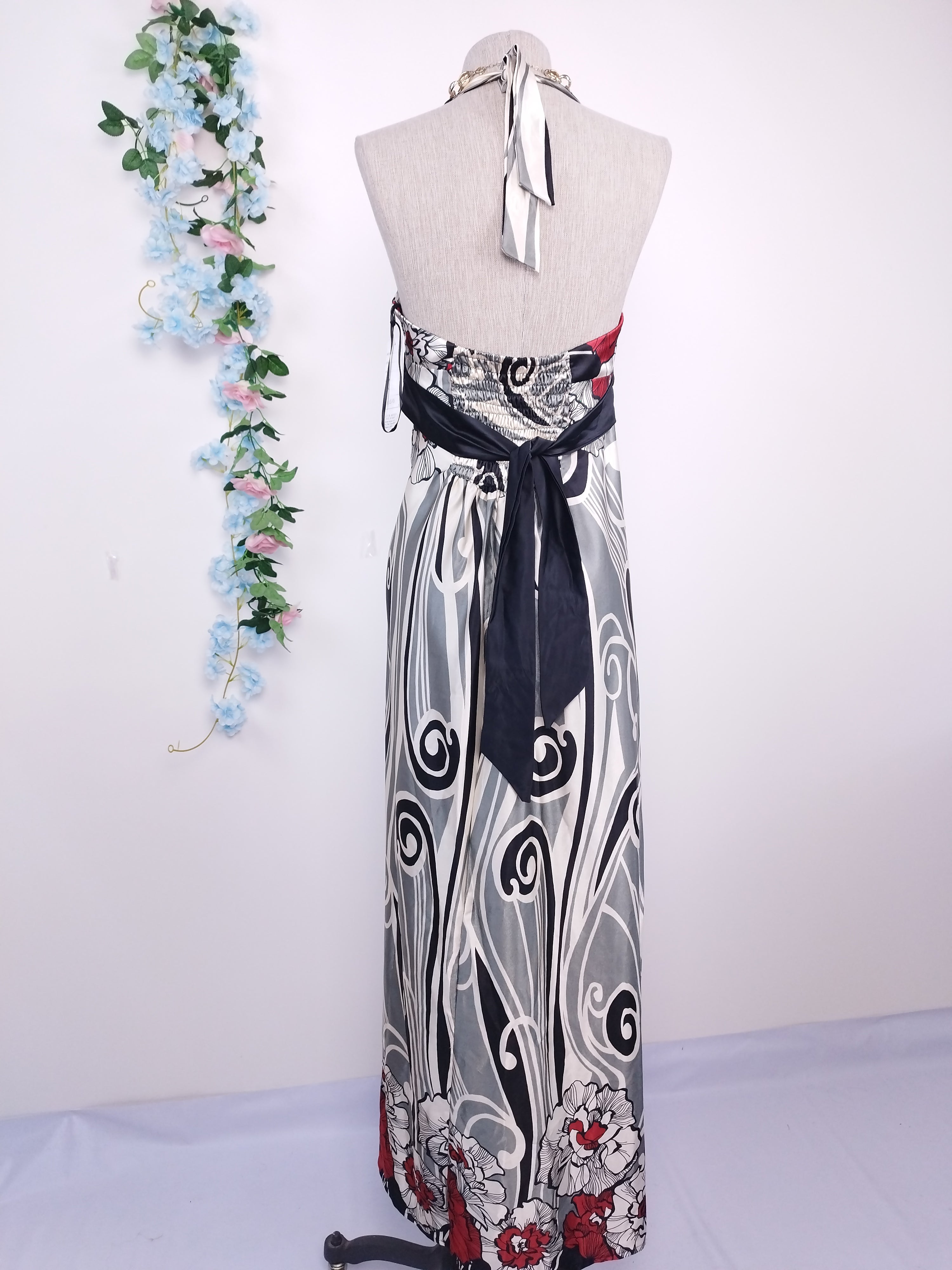 Vintage 2000s Y2K Maxi Dress — V-Neck, Rose Detail & Satin Print
