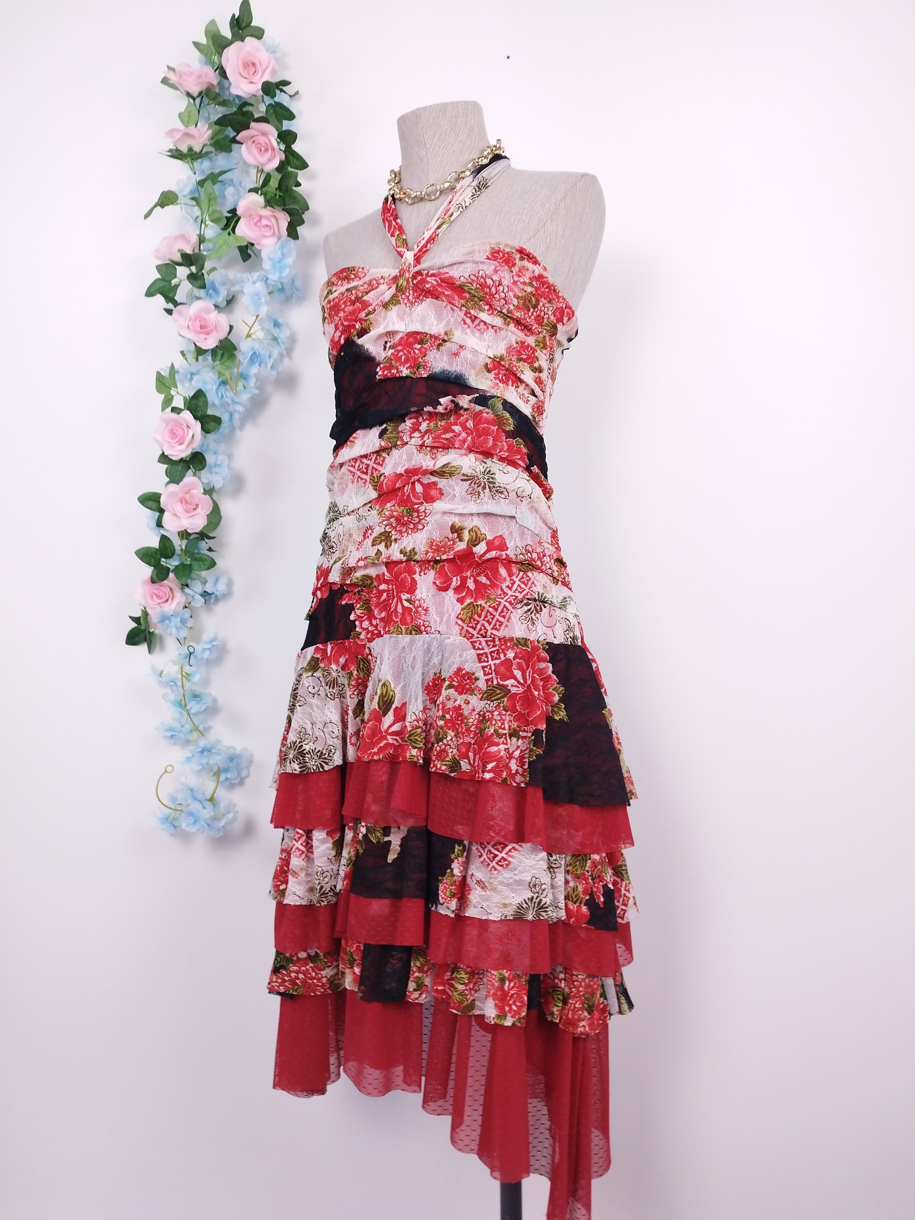 Vintage 2000s Y2K Lace Dress — Halter Neck, Rose Print & Asymmetric Ruffles