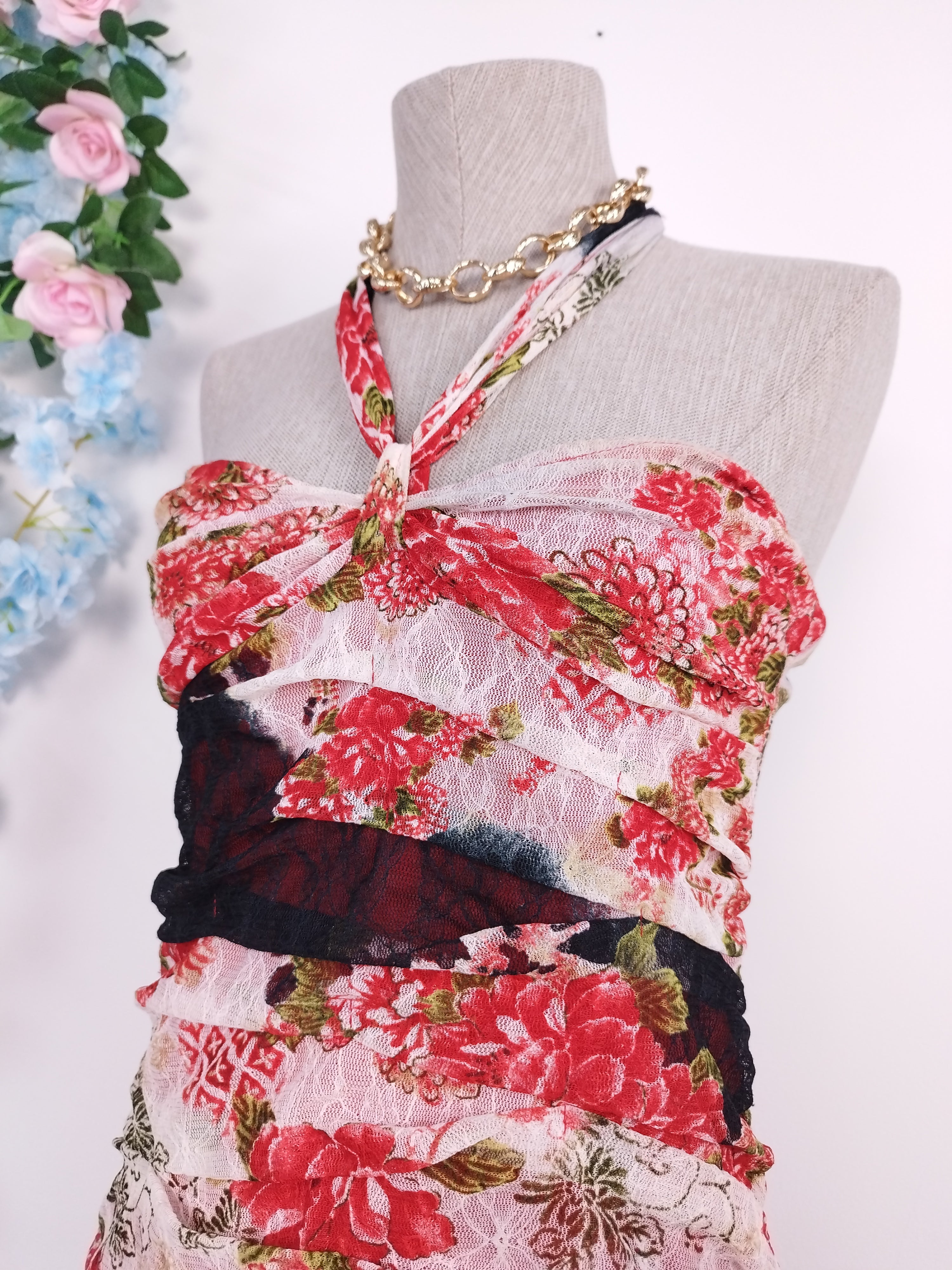 Vintage 2000s Y2K Lace Dress — Halter Neck, Rose Print & Asymmetric Ruffles