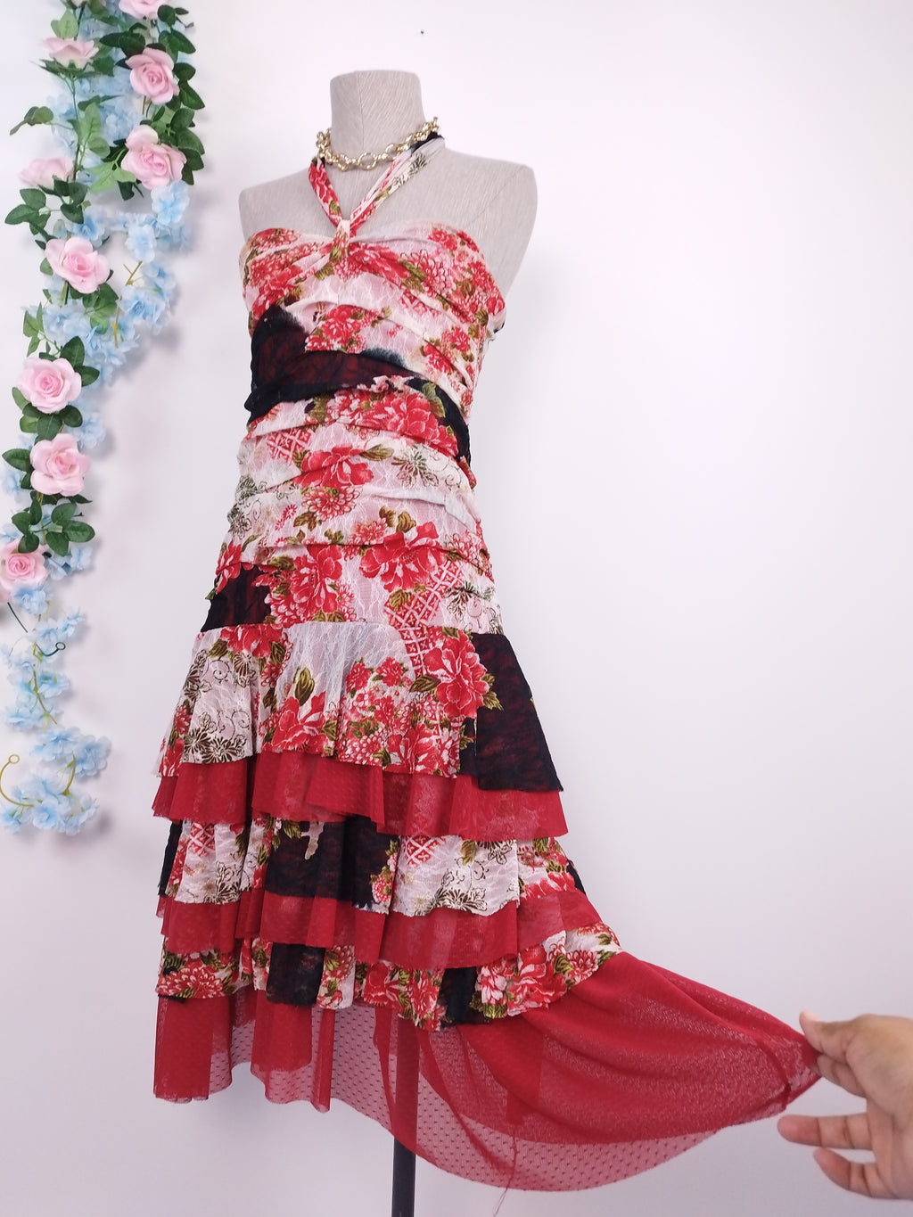 Vintage 2000s Y2K Lace Dress — Halter Neck, Rose Print & Asymmetric Ruffles